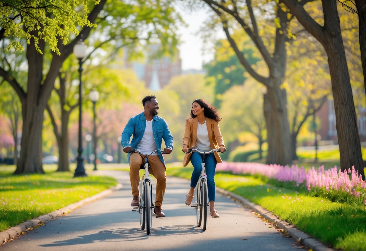 A couple riding bicycles together on a tree-lined path in a park with green grass and flowers under sunlight.