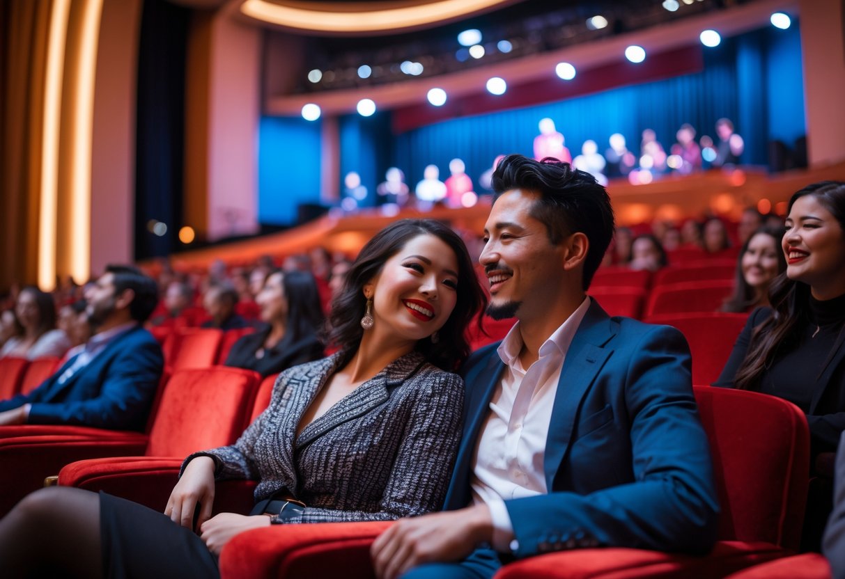 A couple sitting together in a theater enjoying a live show with other audience members around them.