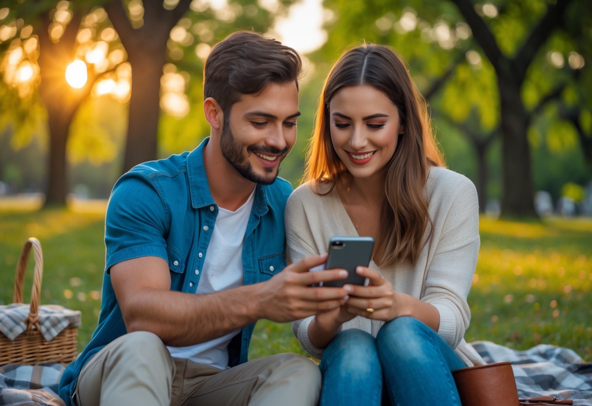 A young couple smiling and looking at a smartphone together outdoors in a park with trees and sunlight.