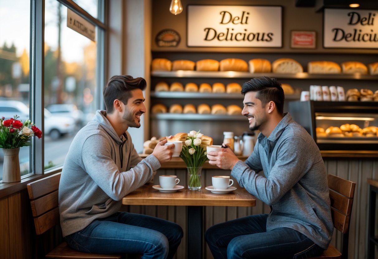 A young couple enjoying coffee together at a cozy deli table with pastries and natural light.