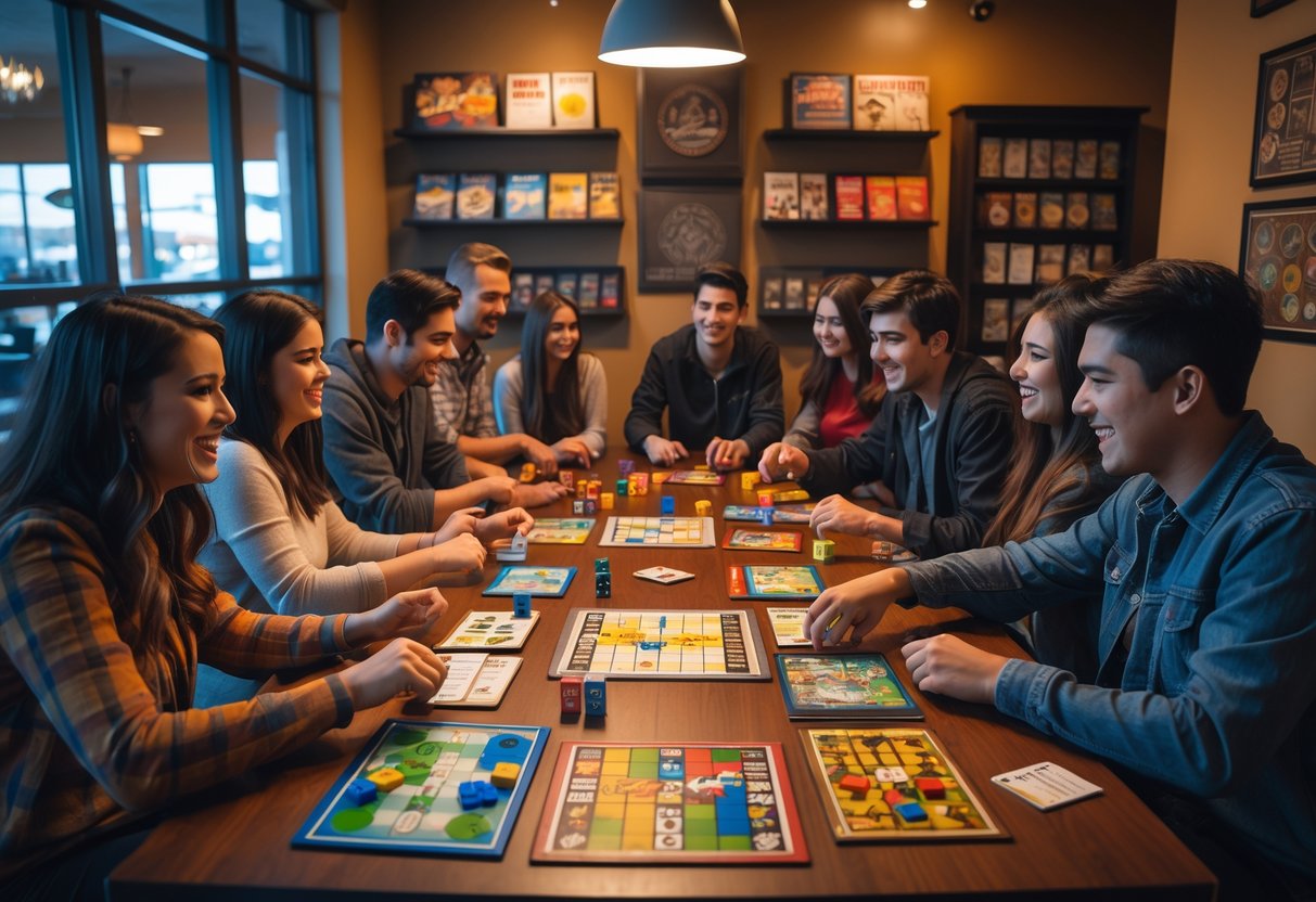 A group of young adults playing board games together around a table in a cozy room filled with games and collectibles.