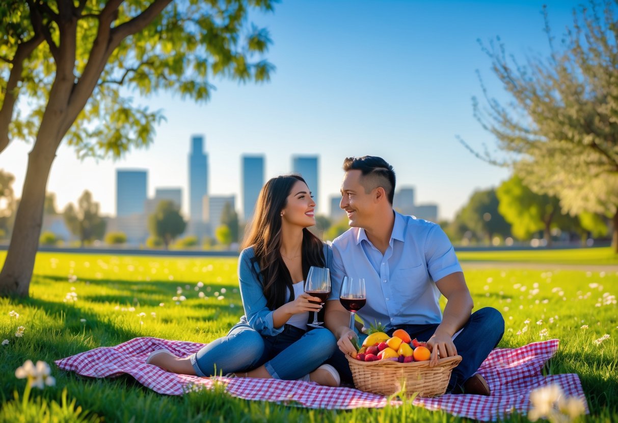 A young couple enjoying a picnic together in a sunny park with a city skyline in the background.