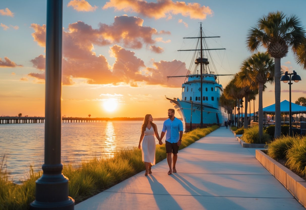 A couple walking hand-in-hand near the waterfront outside the GulfQuest Maritime Museum at sunset.