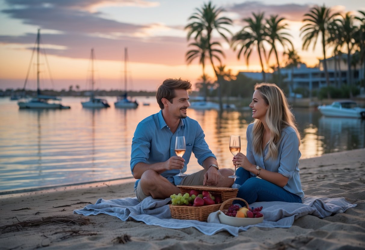 A couple having a sunset picnic on a beach by calm water with boats and palm trees in the background.