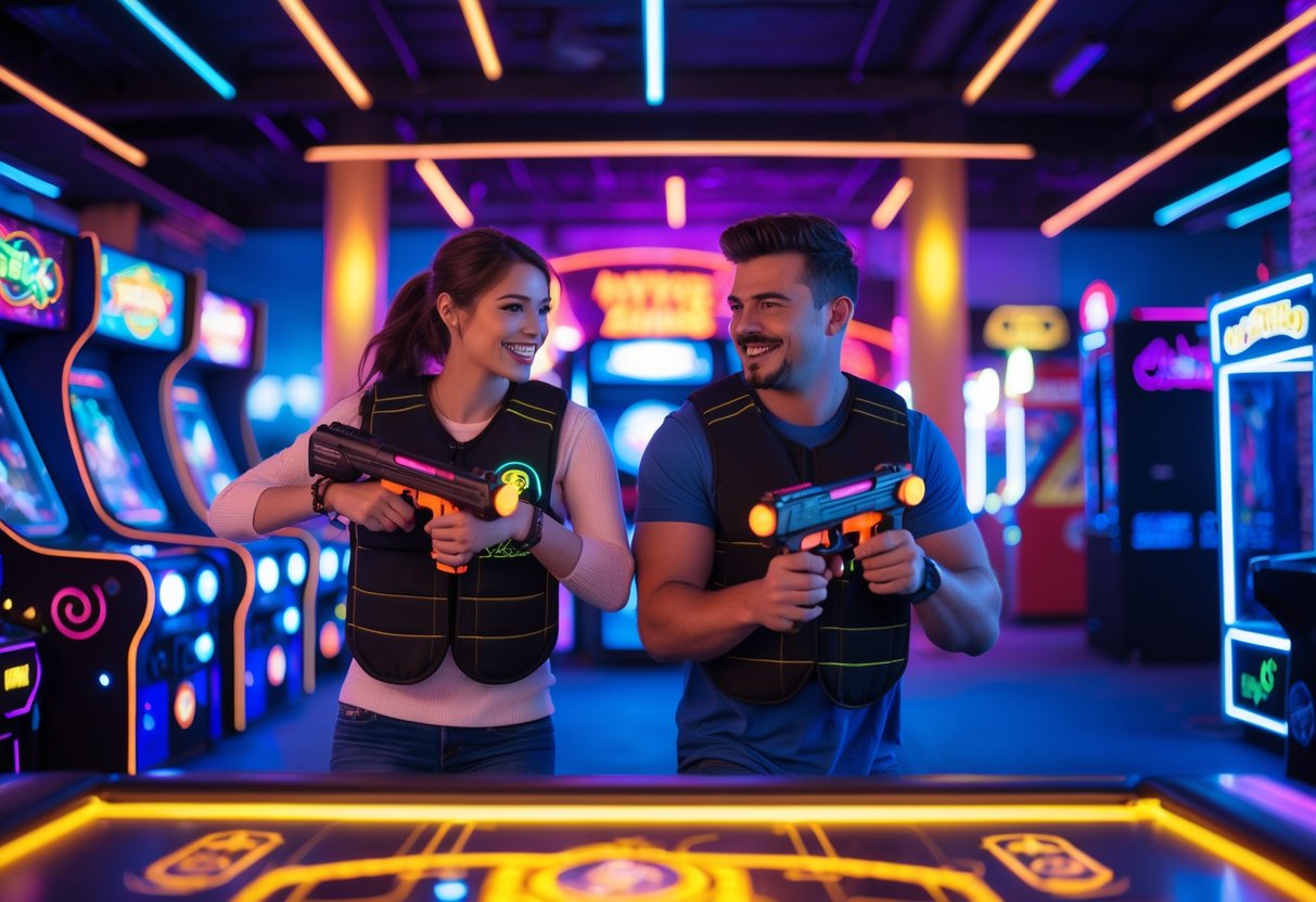 A young couple playing laser tag together inside a brightly lit arcade gaming center.