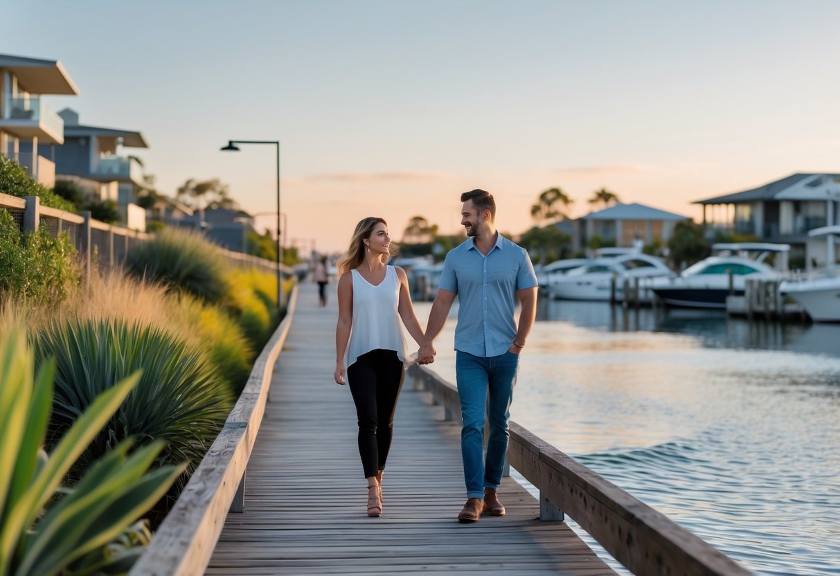 A couple walking hand-in-hand along a wooden boardwalk by calm water with boats and waterfront homes in the background at sunset.