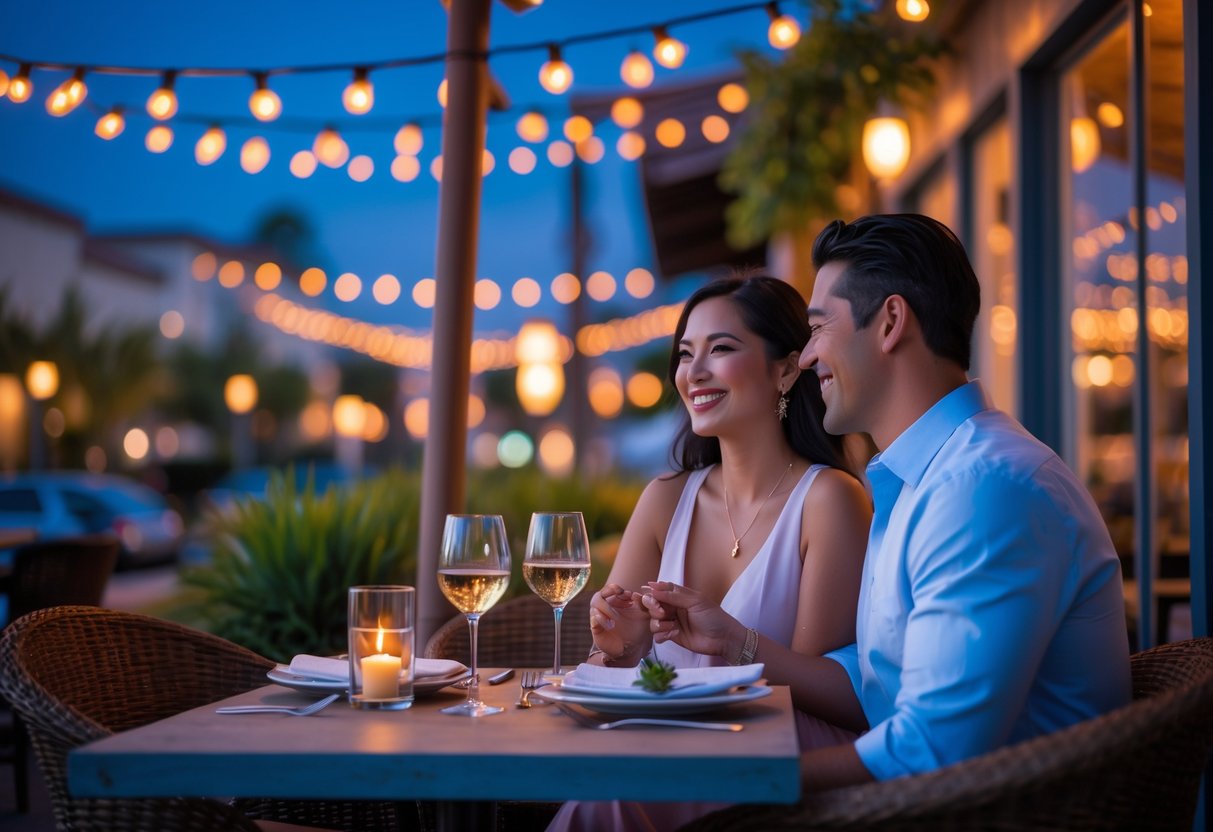 A couple enjoying an outdoor dinner at a warmly lit restaurant patio in the evening.