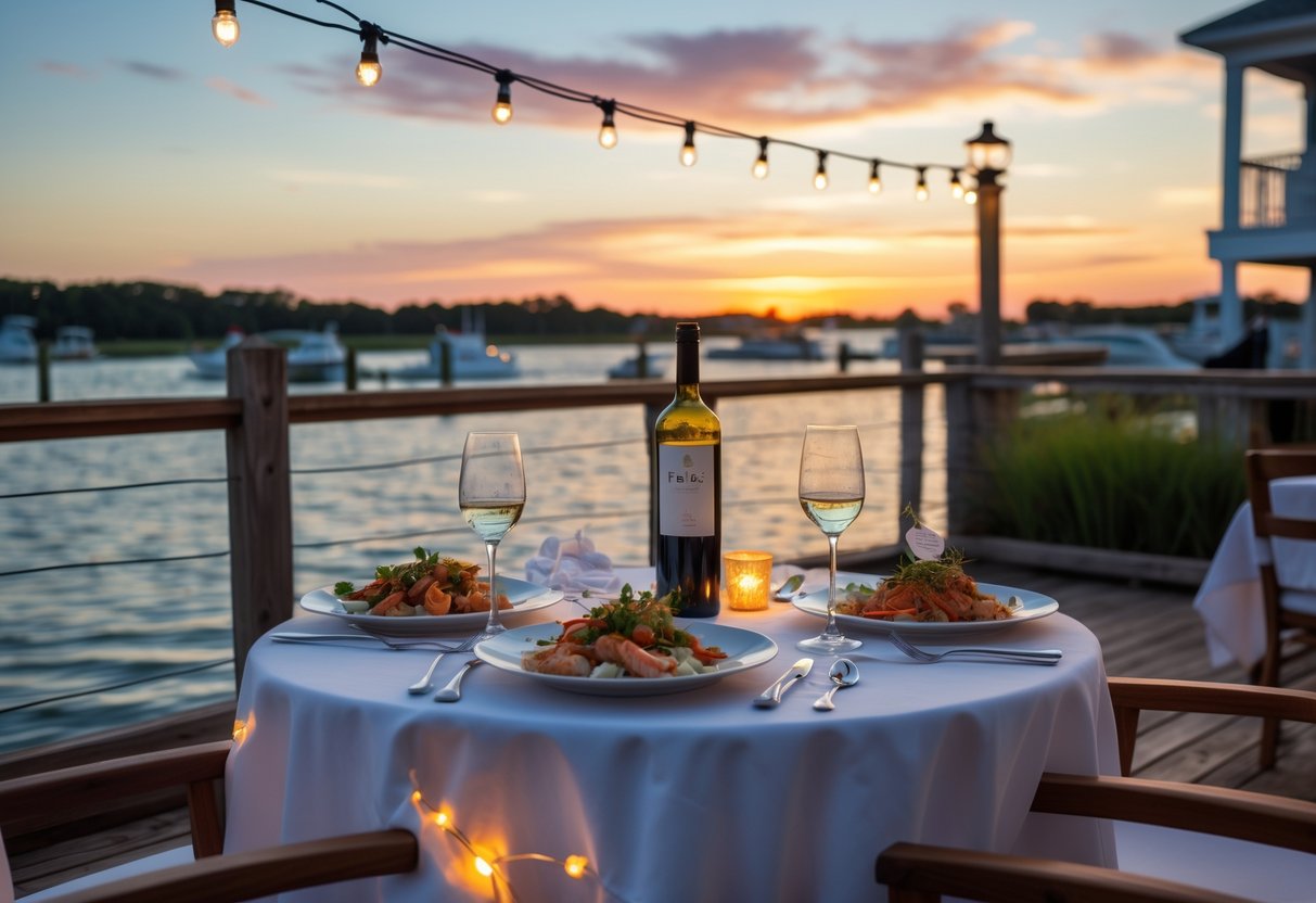 A couple's outdoor dining table set for two on a wooden deck by the water at sunset with seafood dishes and wine.