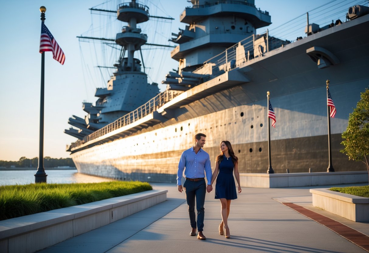 A couple walking hand-in-hand near the USS Alabama battleship at a waterfront memorial in Mobile, Alabama during sunset.