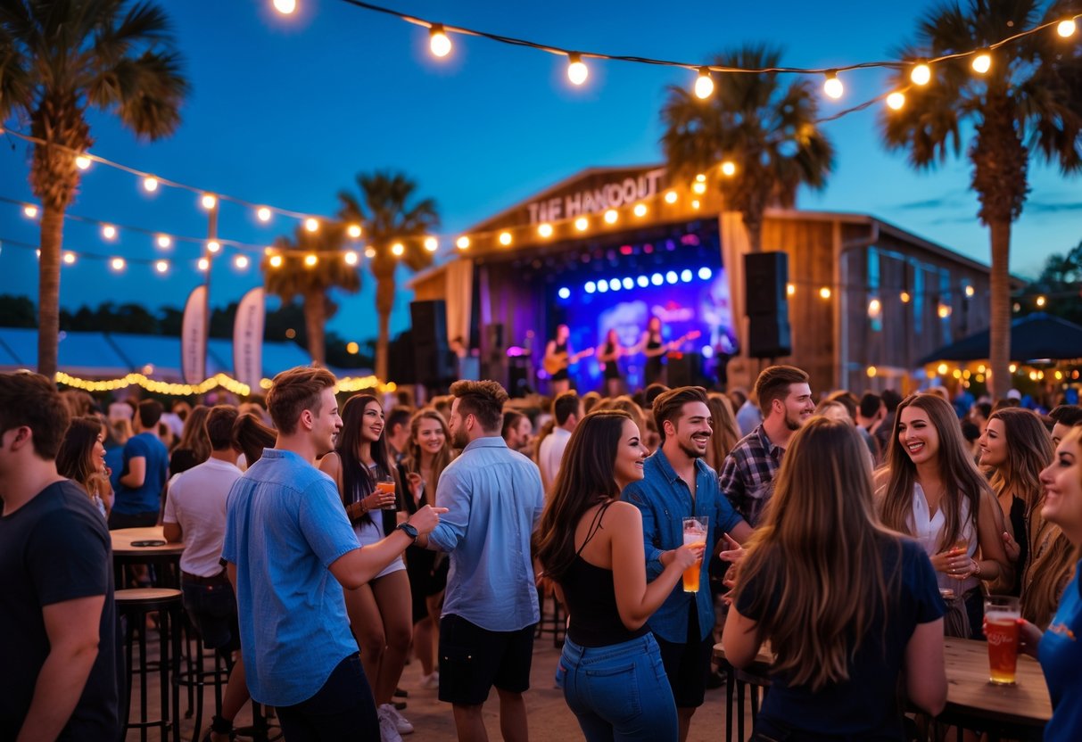 People enjoying a live outdoor concert at The Hangout with a band performing on stage and an audience dancing and smiling.