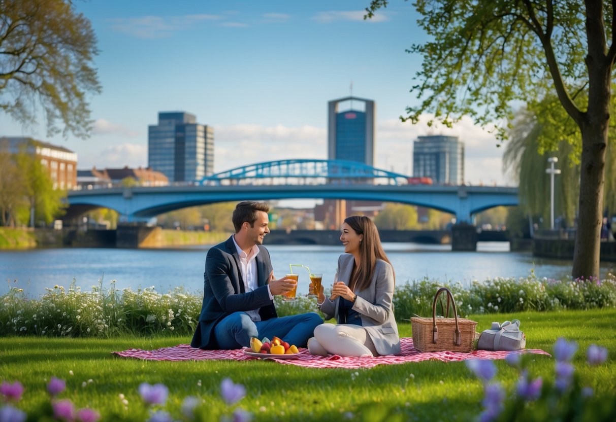 A young couple enjoying a picnic in a green park near the River Tees with the Transporter Bridge and city buildings in the background.