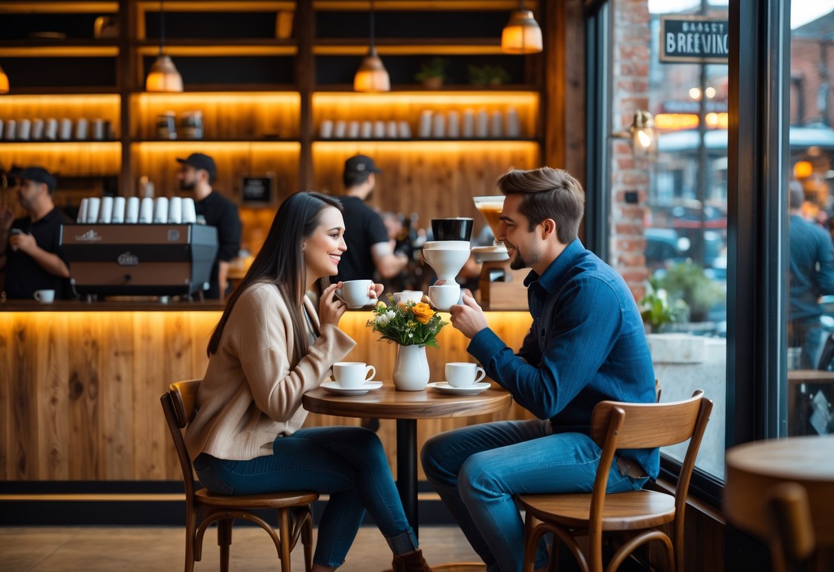 A young couple enjoying coffee together at a small table inside a cozy coffee shop.
