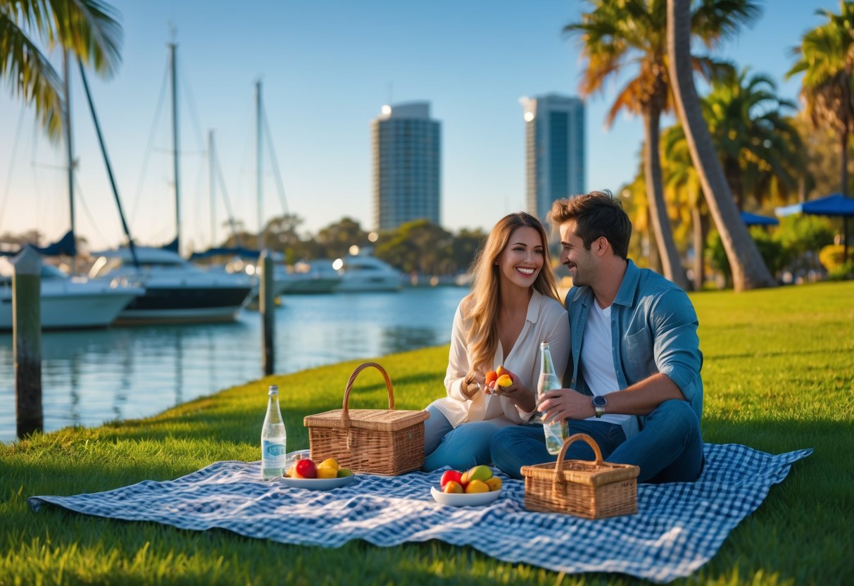 A couple enjoying a picnic on a blanket near the water at Mandurah Ocean Marina Parklands with boats docked in the background.