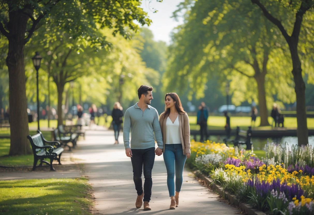 A couple walking hand-in-hand along a tree-lined path in Albert Park, Middlesbrough.