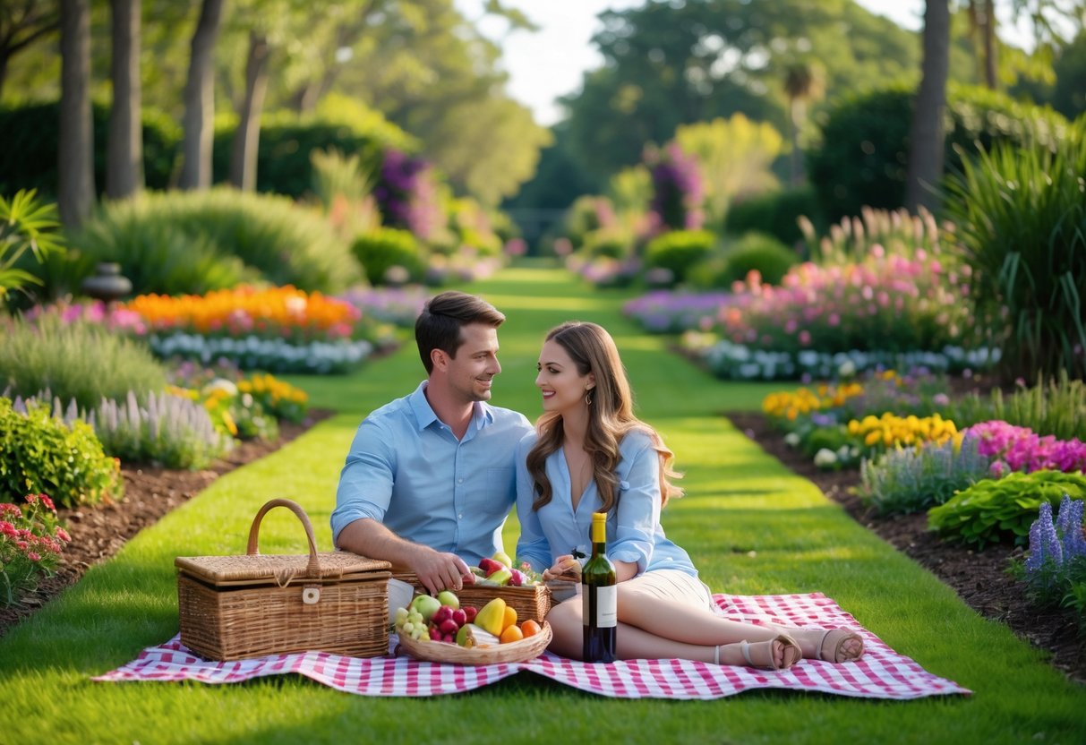 A couple having a picnic on a blanket surrounded by flowers and trees in a botanical garden.
