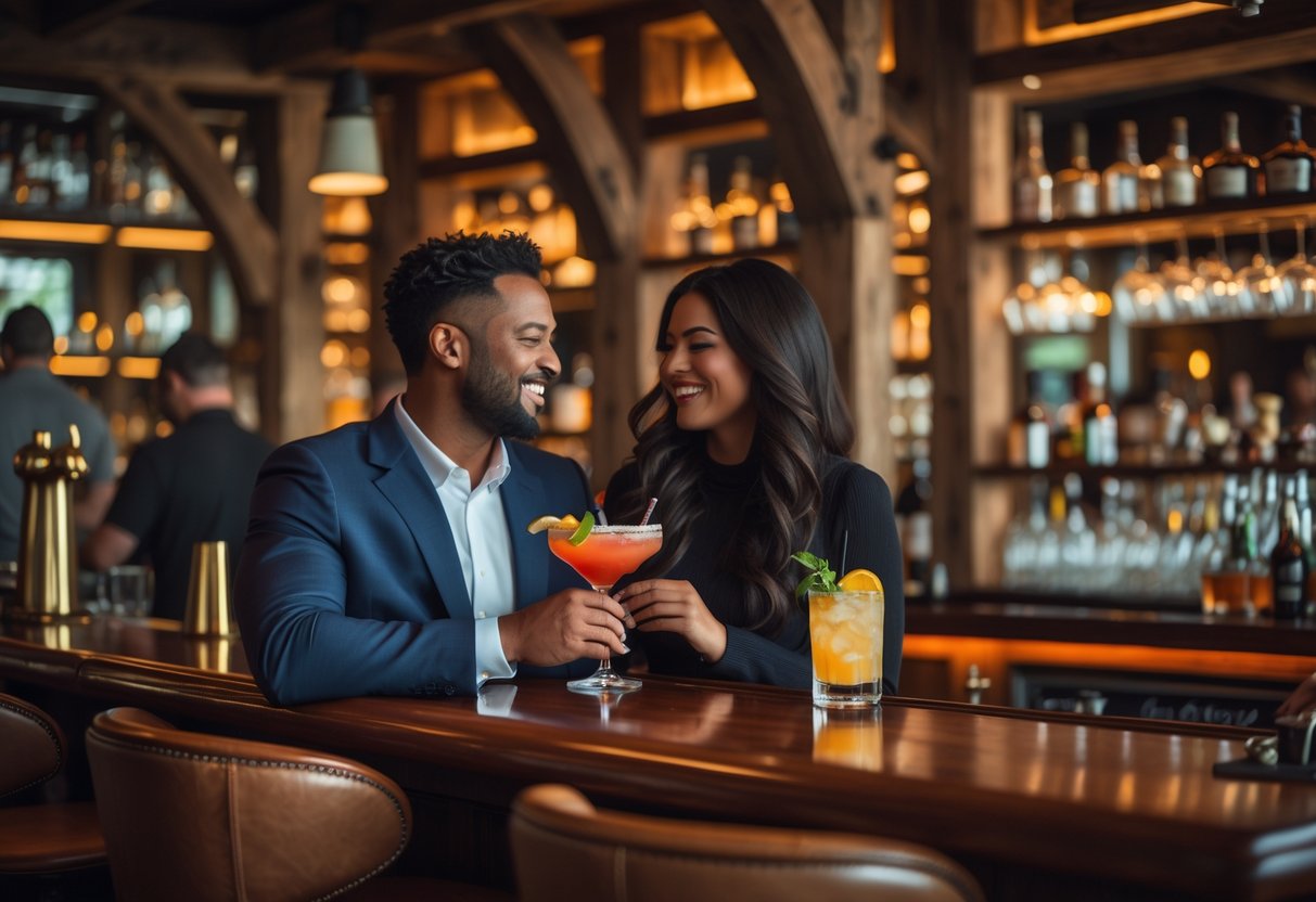 A couple sitting together at a bar enjoying cocktails in a cozy, upscale cocktail bar.