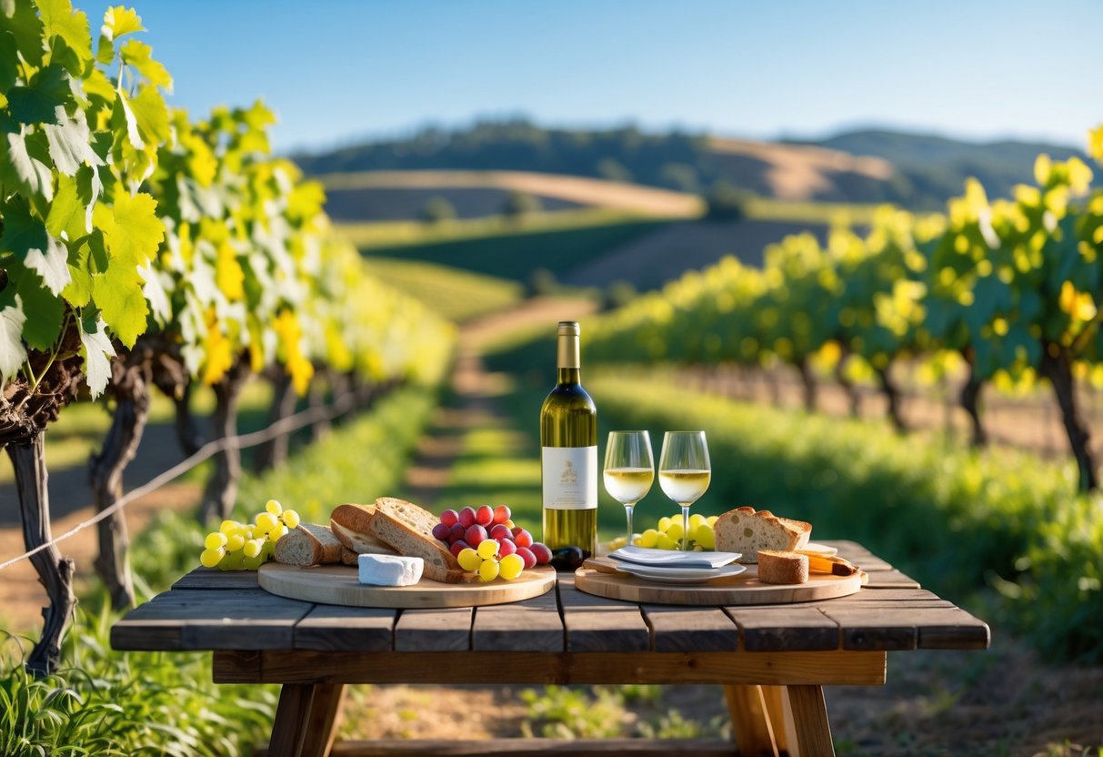 A picnic setup with wine and food on a wooden table surrounded by grapevines at a vineyard near Jarrahdale.