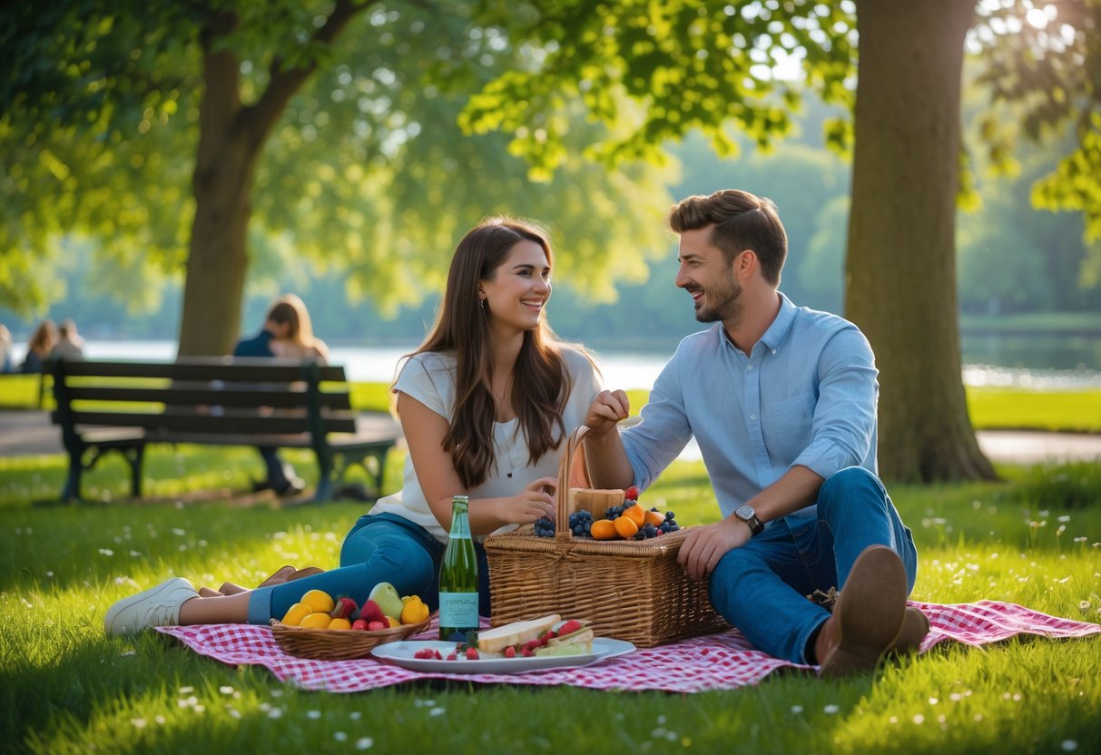 A young couple having a picnic on a blanket in a green park with trees and a lake in the background.