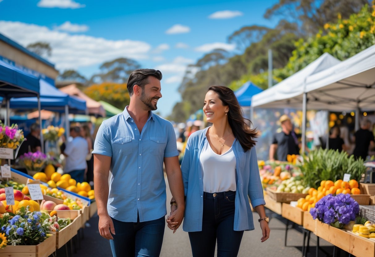 A couple walking hand in hand through a sunny outdoor market with colorful stalls and shoppers around.