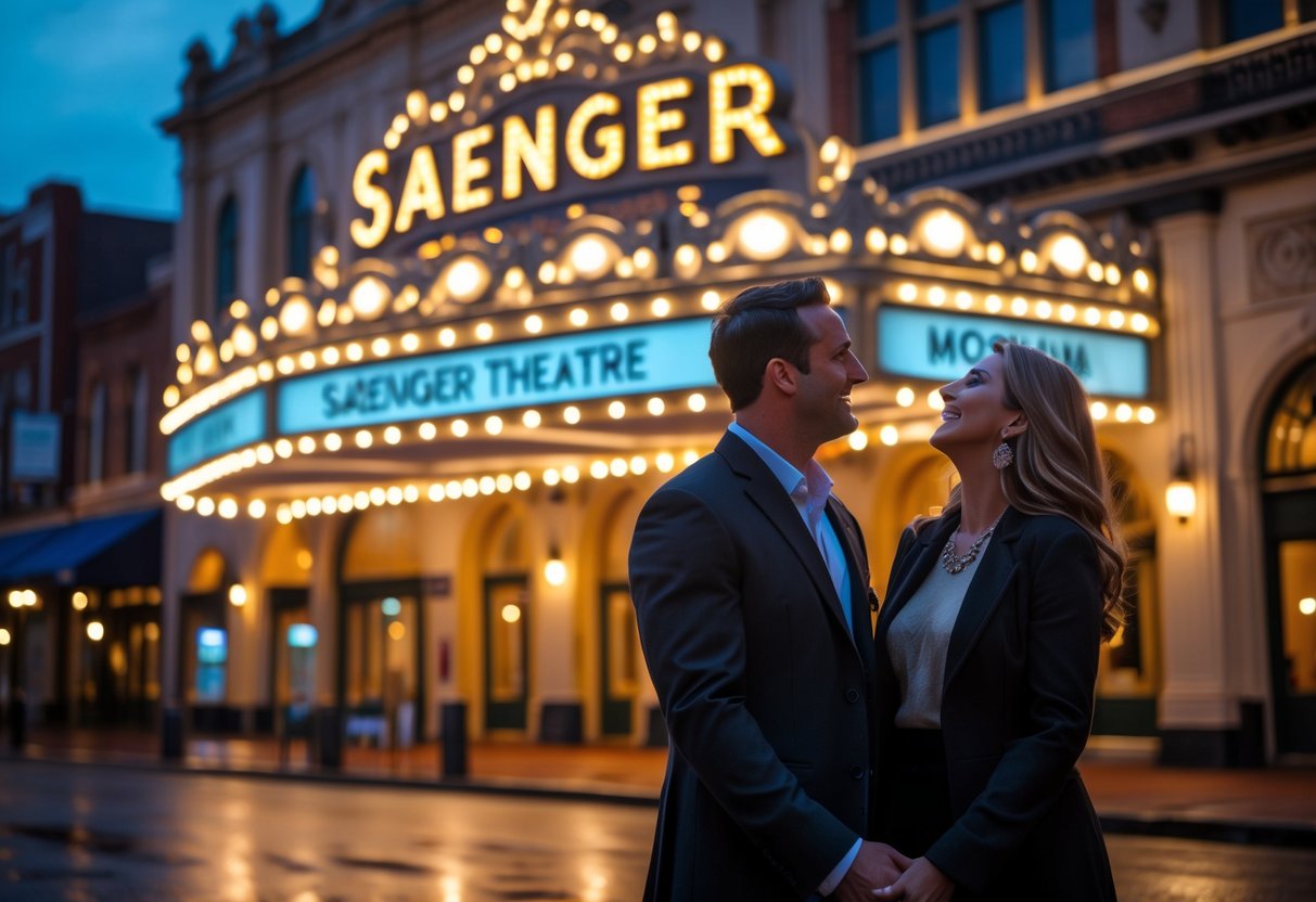 A couple standing outside the Saenger Theatre in Mobile, Alabama, smiling and holding hands in the evening.