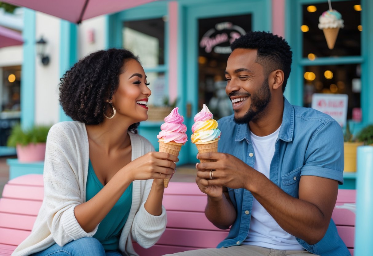 A couple enjoying ice cream cones together outside an ice cream shop on a sunny day.