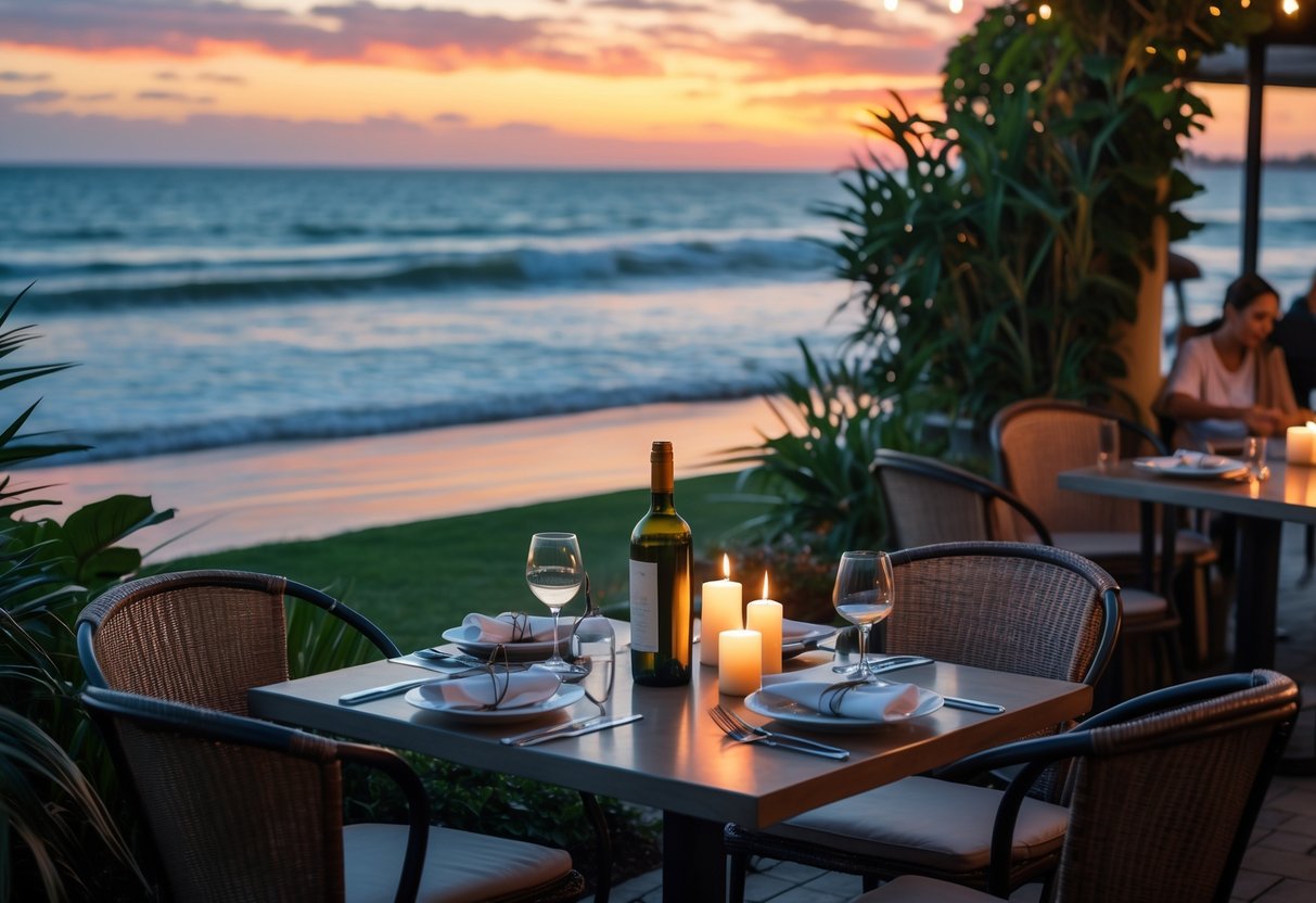 A couple's dinner table set outdoors by the coast at sunset with a calm sea in the background.