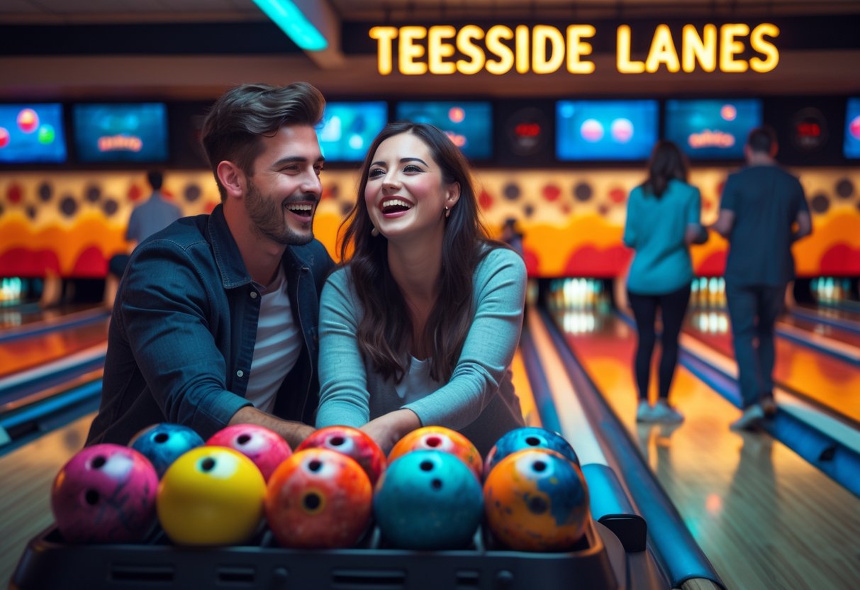 A young couple smiling and bowling together inside a lively bowling alley with polished lanes and colorful bowling balls.