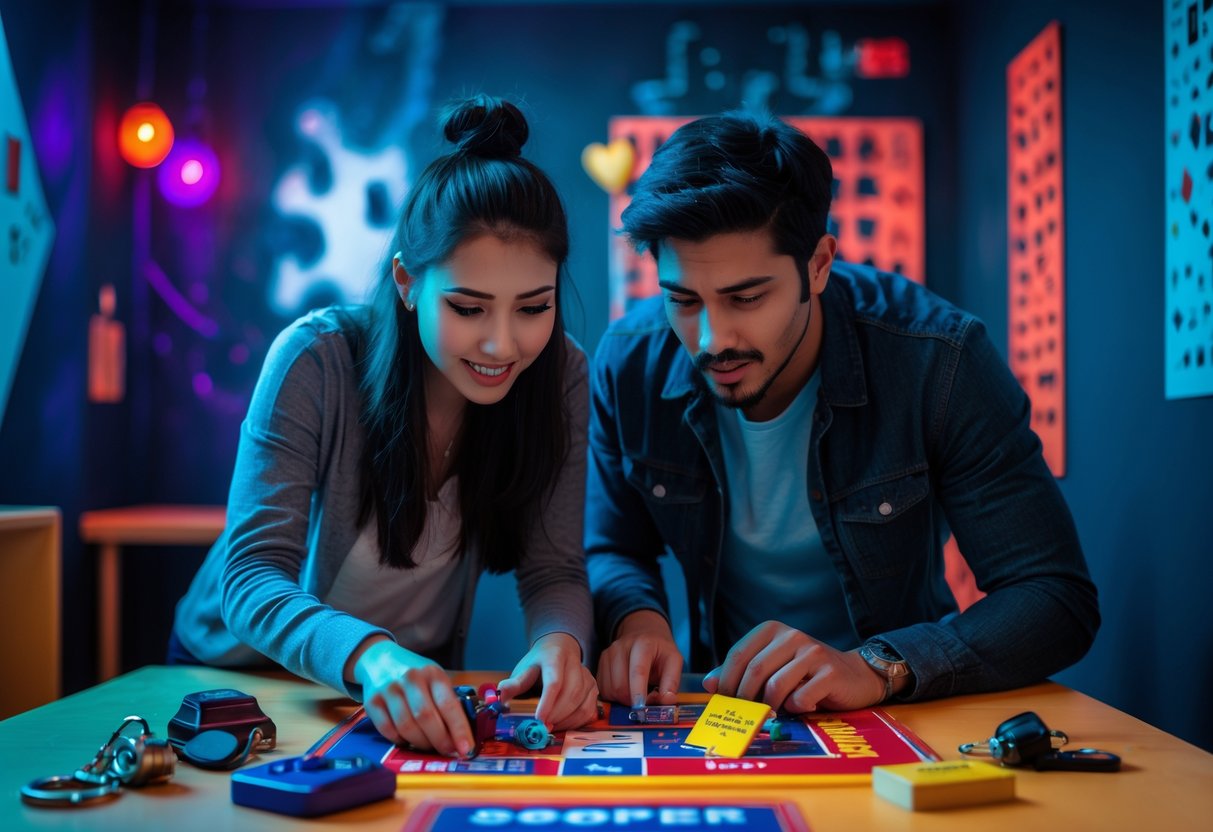 A young couple working together to solve puzzles in an escape room.