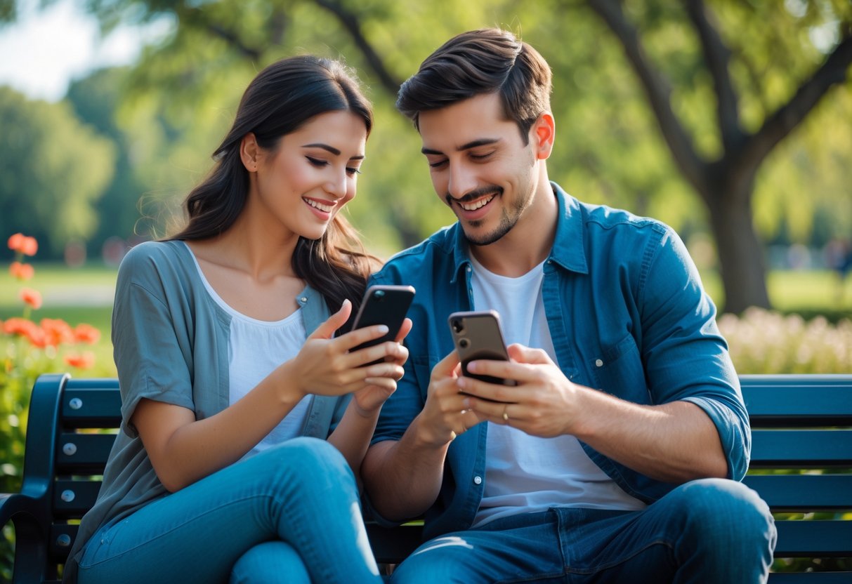 A young couple sitting on a park bench looking at a mobile phone together, surrounded by trees and greenery.