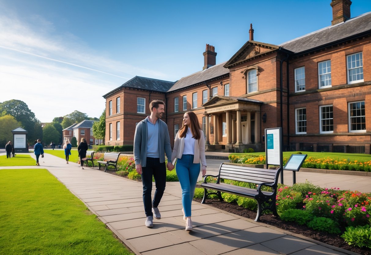 A young couple walking hand-in-hand along a path near the Captain Cook Birthplace Museum surrounded by green lawns and flowers.