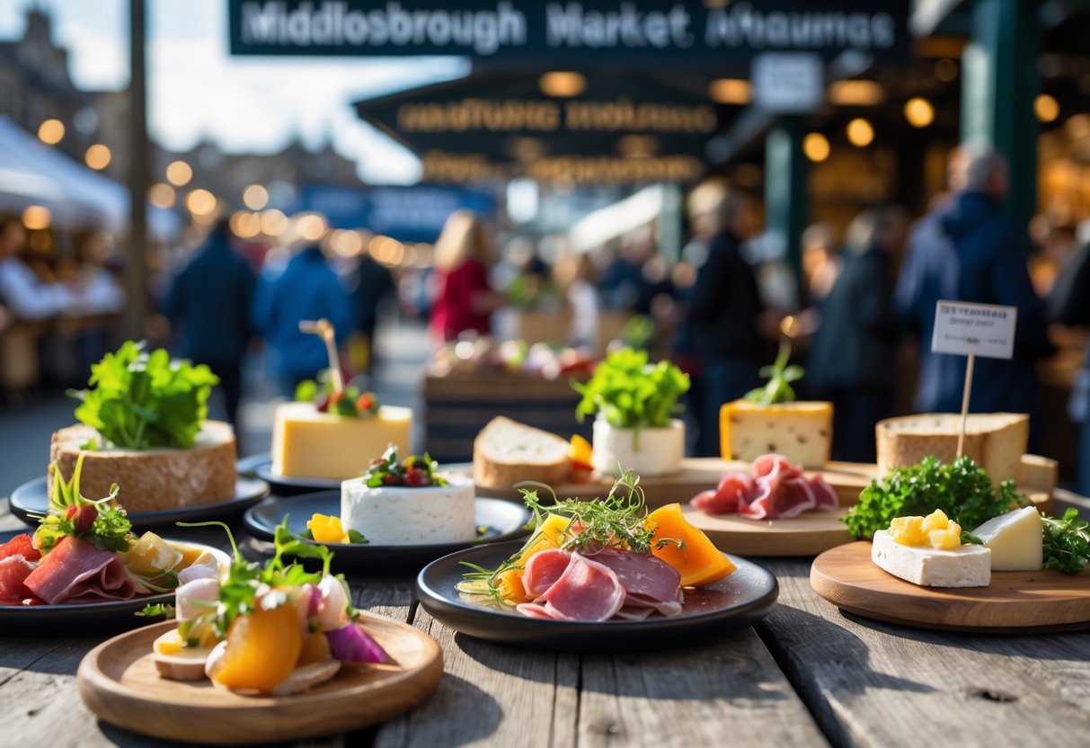 A variety of sample dishes displayed on a wooden table at a busy market with people in the background.