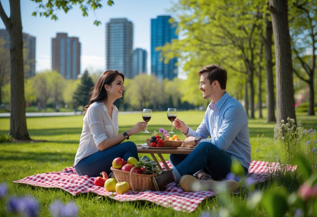 A young couple enjoying a picnic together in a green park with trees and city buildings in the background.