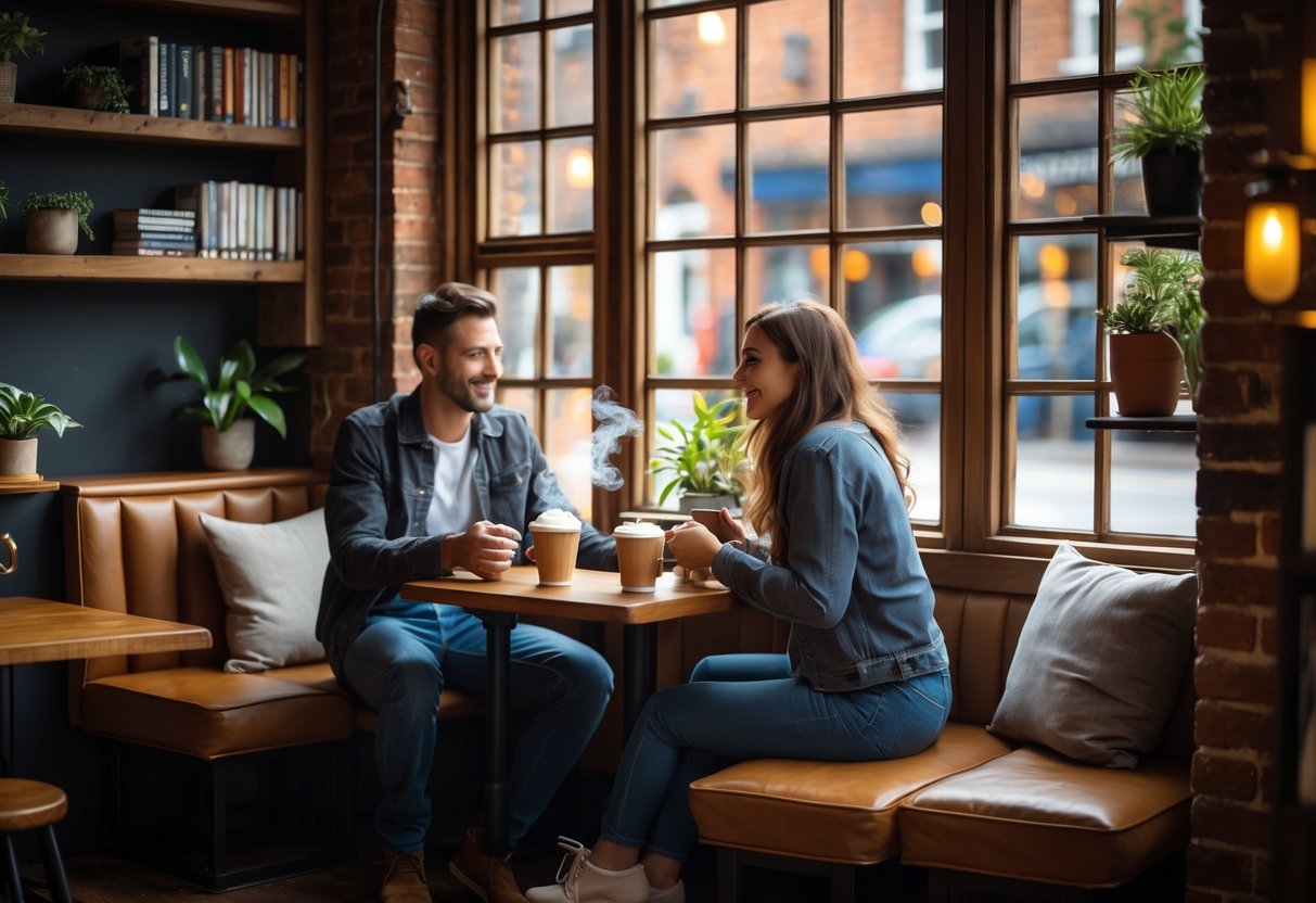 A couple enjoying coffee together at a small table inside a cozy café with warm lighting and rustic decor.