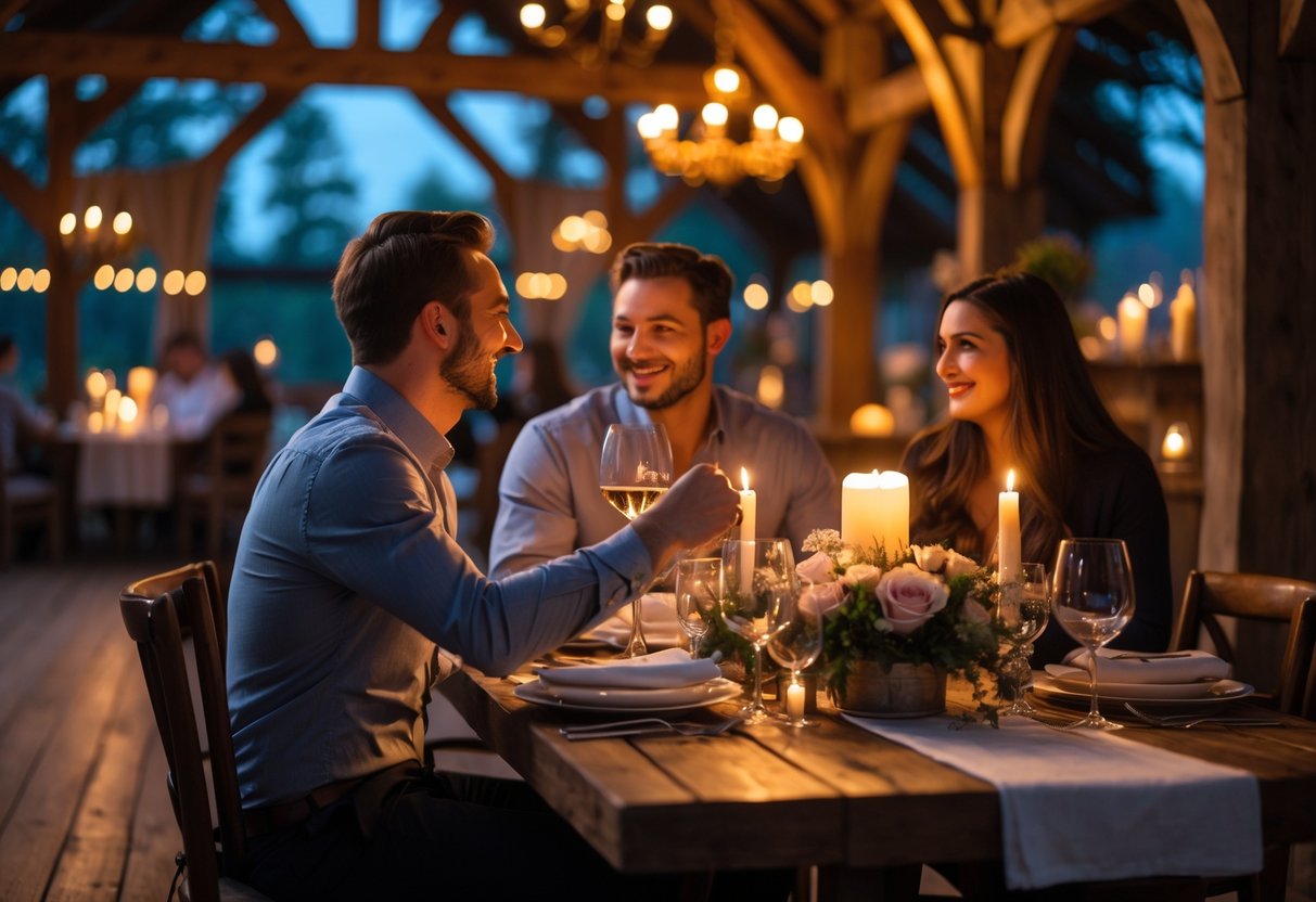 A couple enjoying a romantic candlelit dinner inside a warmly lit barn-style venue with wooden beams and rustic decor.
