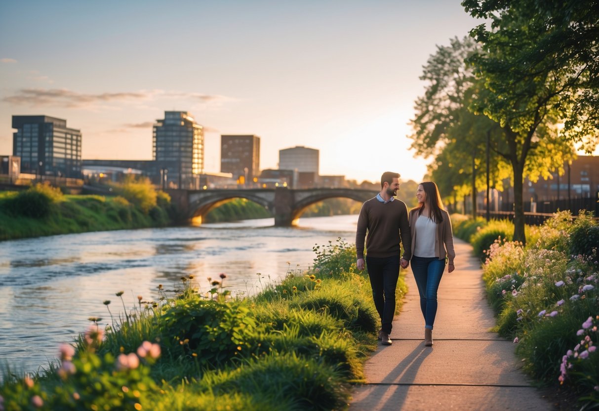 A couple walking hand-in-hand along a riverside path with greenery and the River Tees in the background.