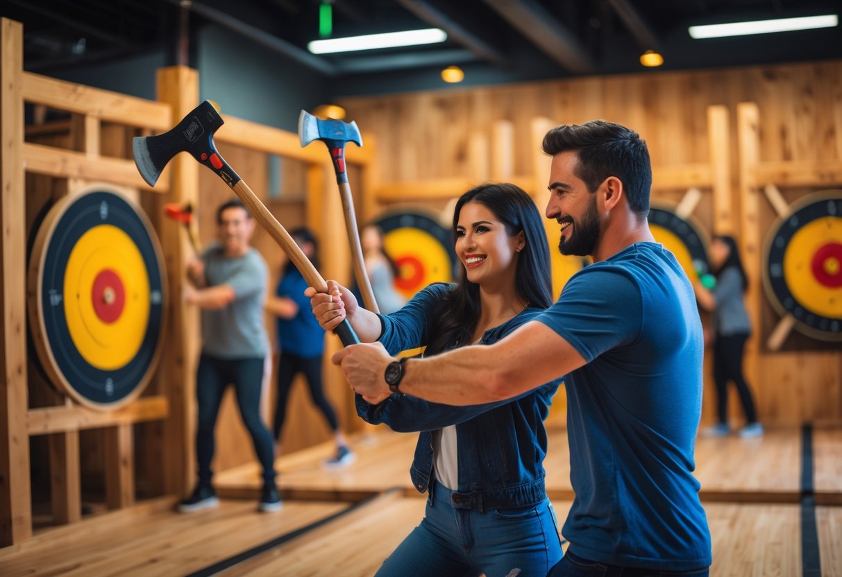 A couple enjoying axe throwing together at an indoor axe throwing venue, with wooden targets and other people in the background.