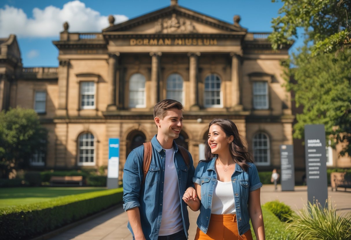 A young couple enjoying a sunny day outside the historic Dorman Museum in Middlesbrough.