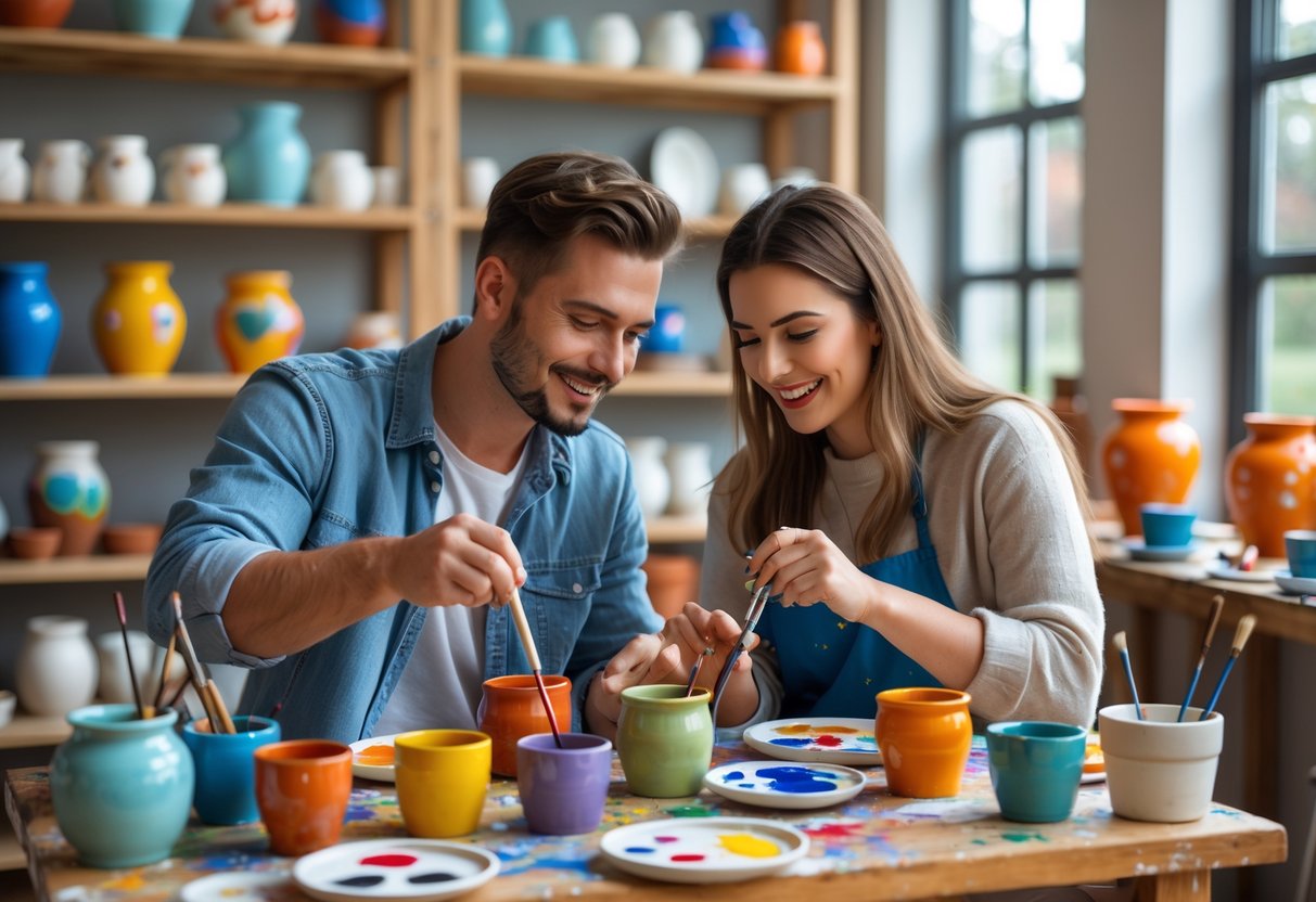 A young couple painting pottery together at a bright and cozy studio table filled with art supplies.