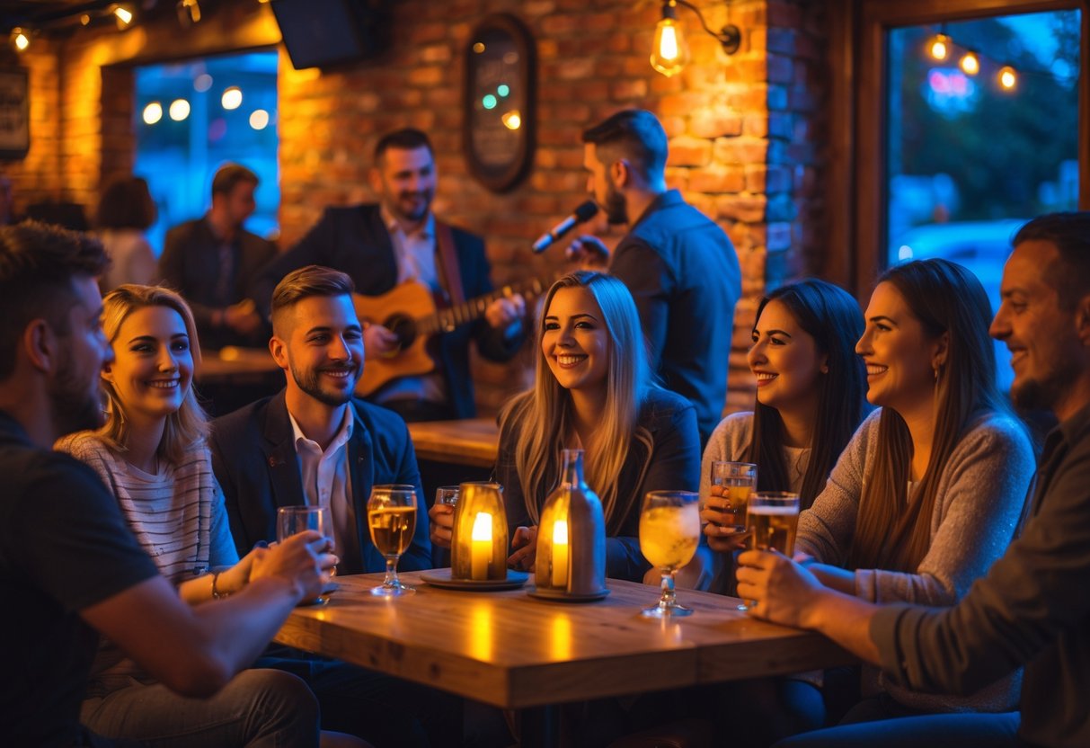 People enjoying live music at a local bar with a band playing on stage and patrons sitting at tables with drinks.