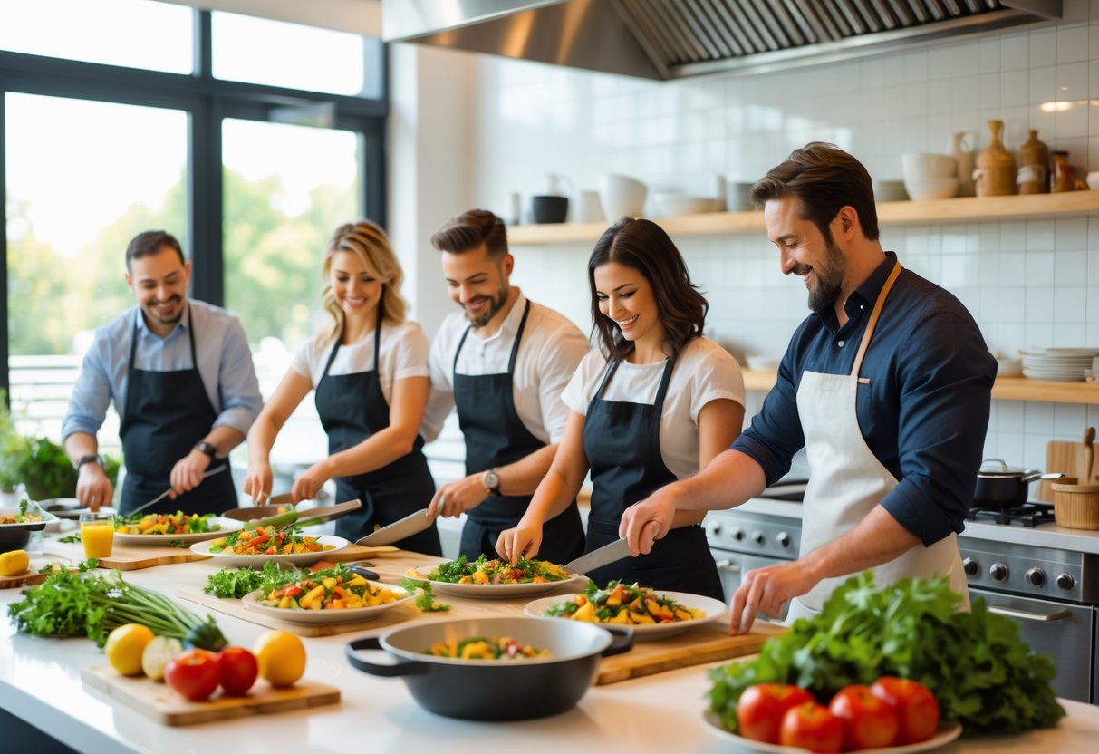 Couples cooking together in a bright, modern kitchen studio, preparing food and enjoying each other's company.