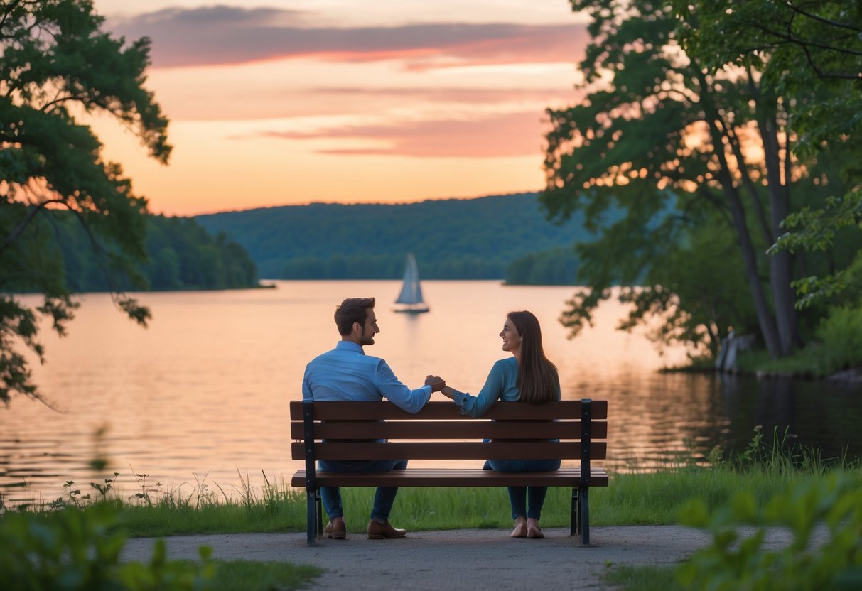 A young couple sitting on a bench by a lake surrounded by trees and hills, holding hands and smiling during sunset.