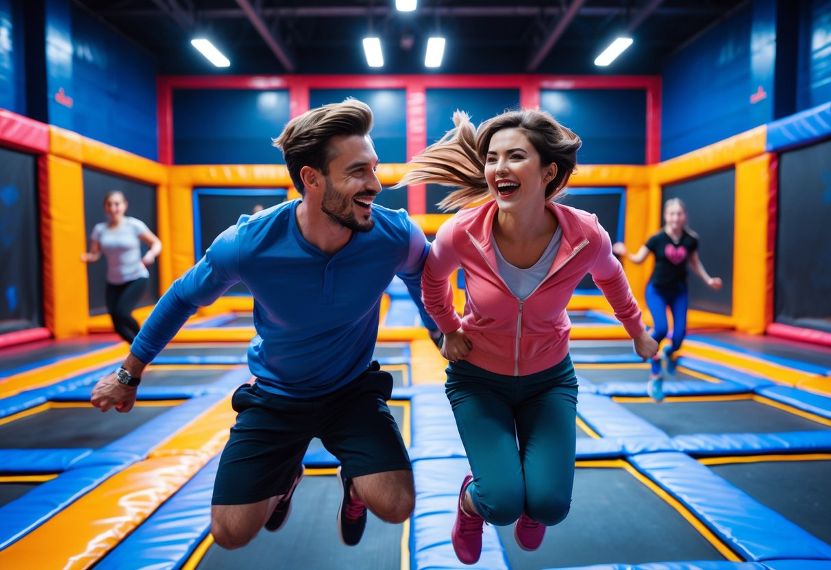 A young couple jumping and smiling together inside a colorful indoor trampoline park.