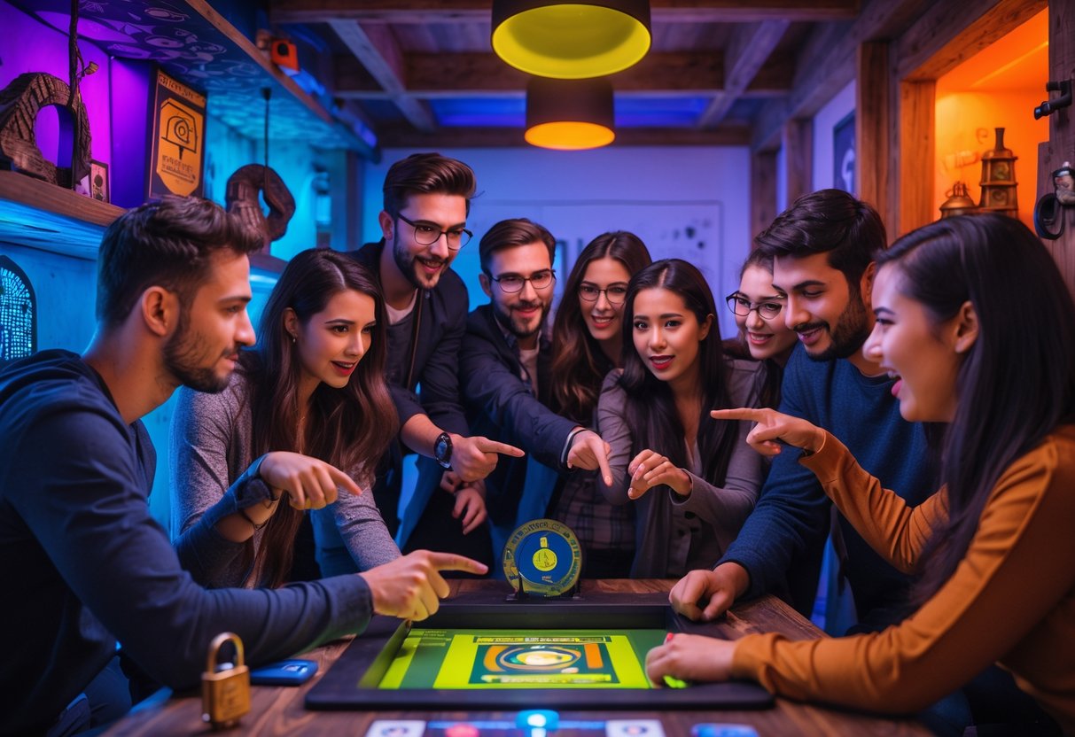 A group of young adults working together to solve puzzles in an escape room at OHYO Fun.