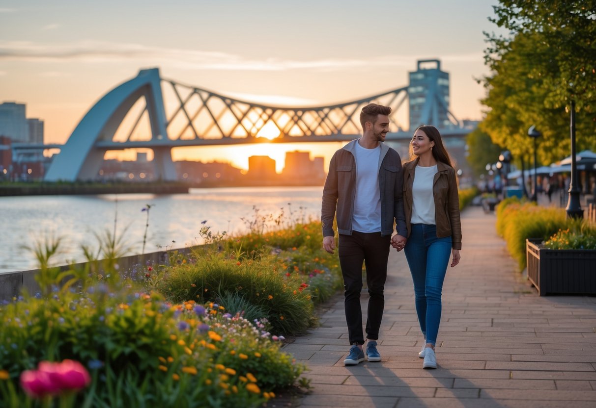 A young couple walking hand in hand along a waterfront park in Middlesbrough at sunset with the Transporter Bridge and city skyline in the background.