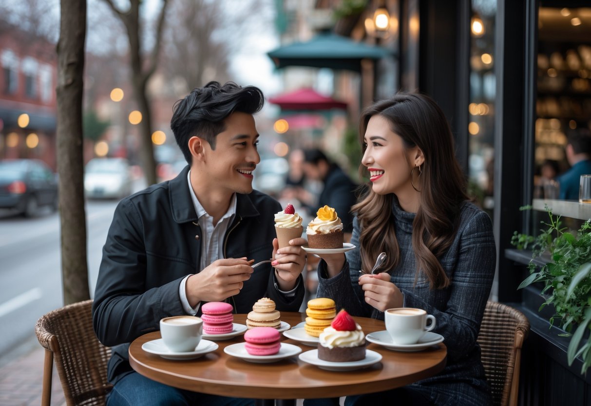 A young couple enjoying various desserts together at a cozy cafe table.