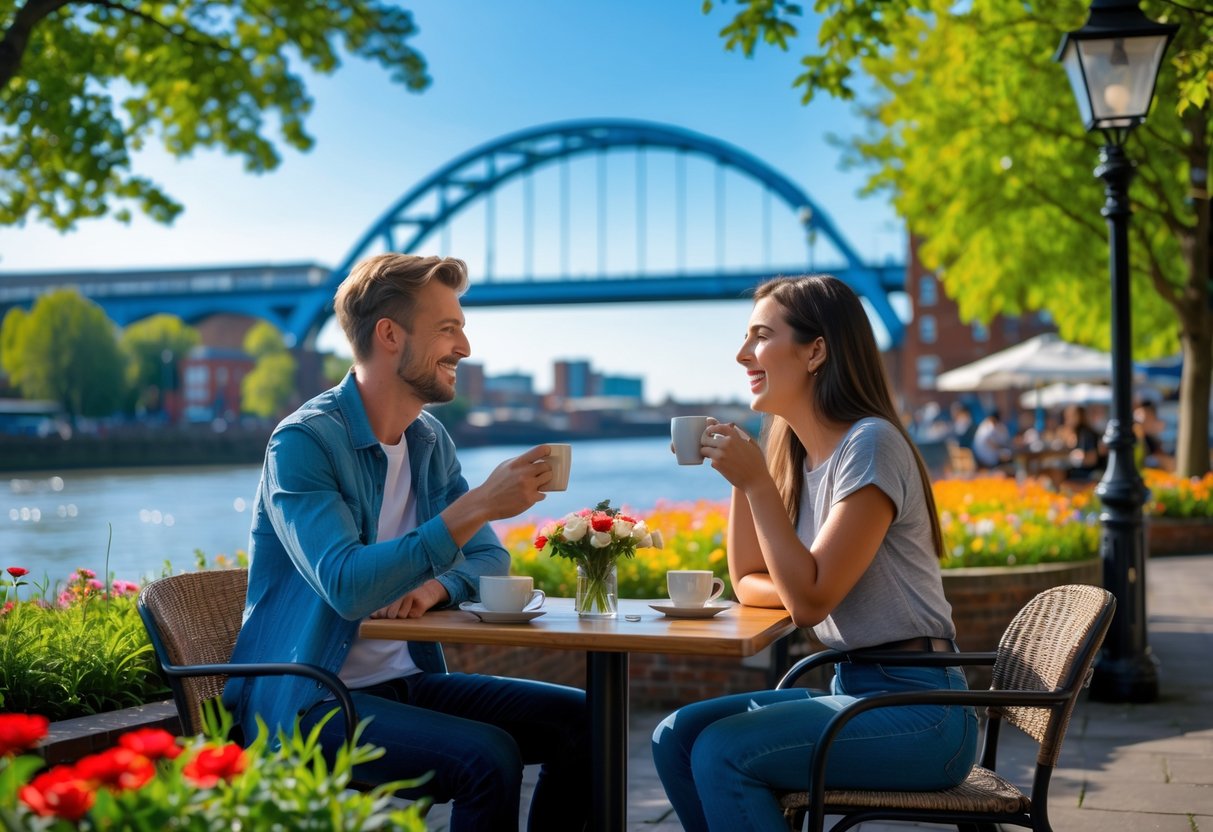 A young couple smiling and talking at an outdoor café near a river with a large bridge in the background on a sunny day.