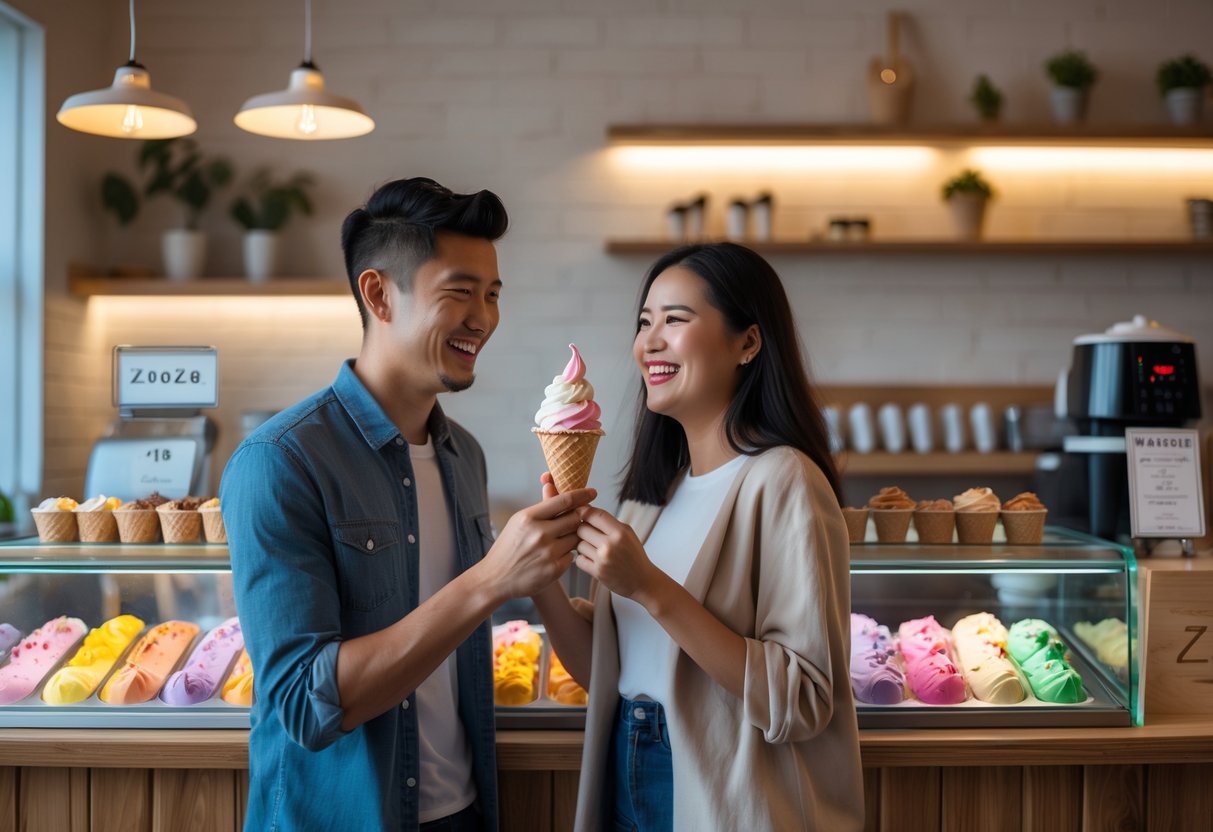 A young couple enjoying artisan ice cream inside a cozy ice cream shop with warm lighting and wooden decor.