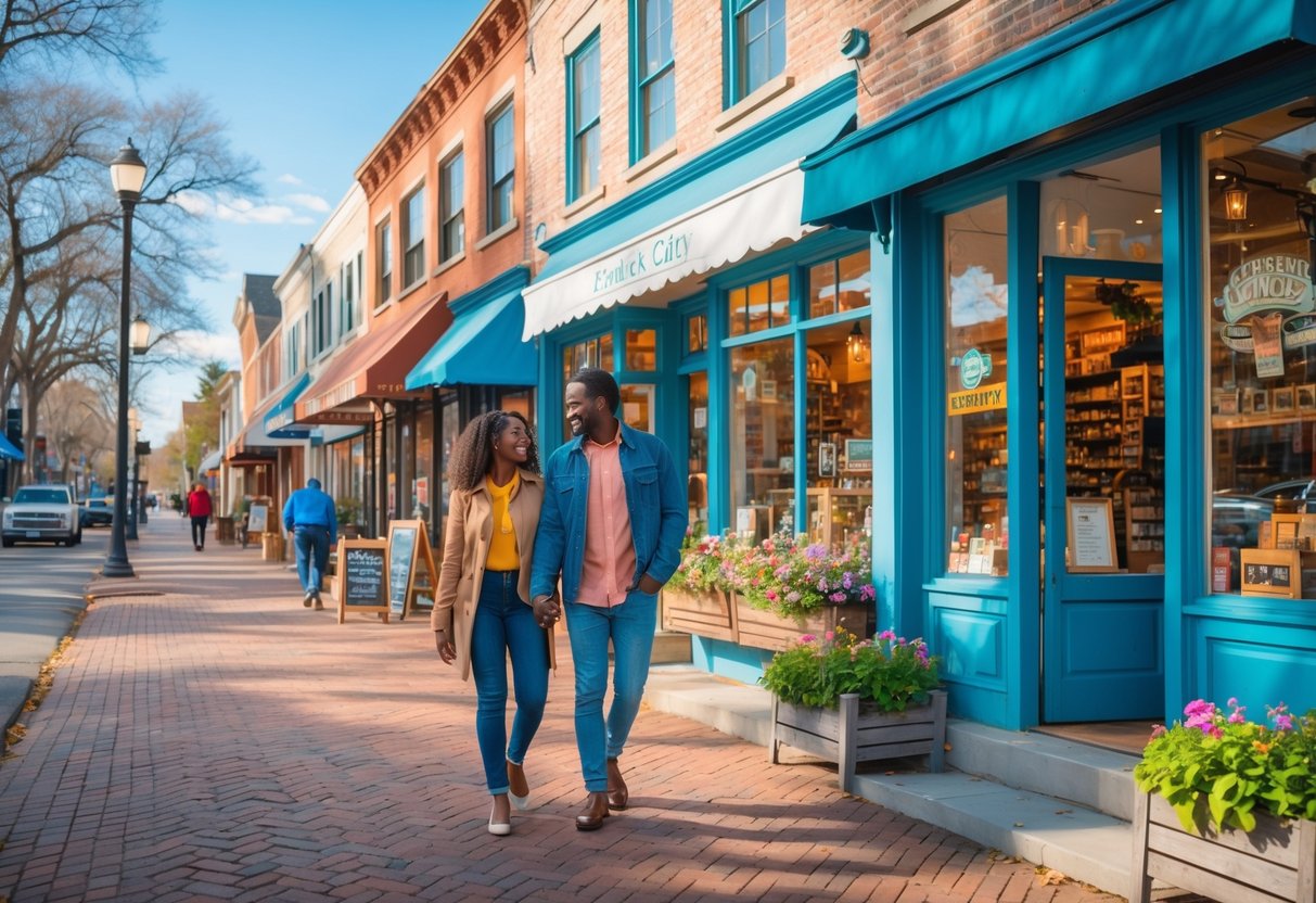 A couple walking hand-in-hand along a sunny street lined with colorful shops and outdoor café tables in Traverse City, Michigan.
