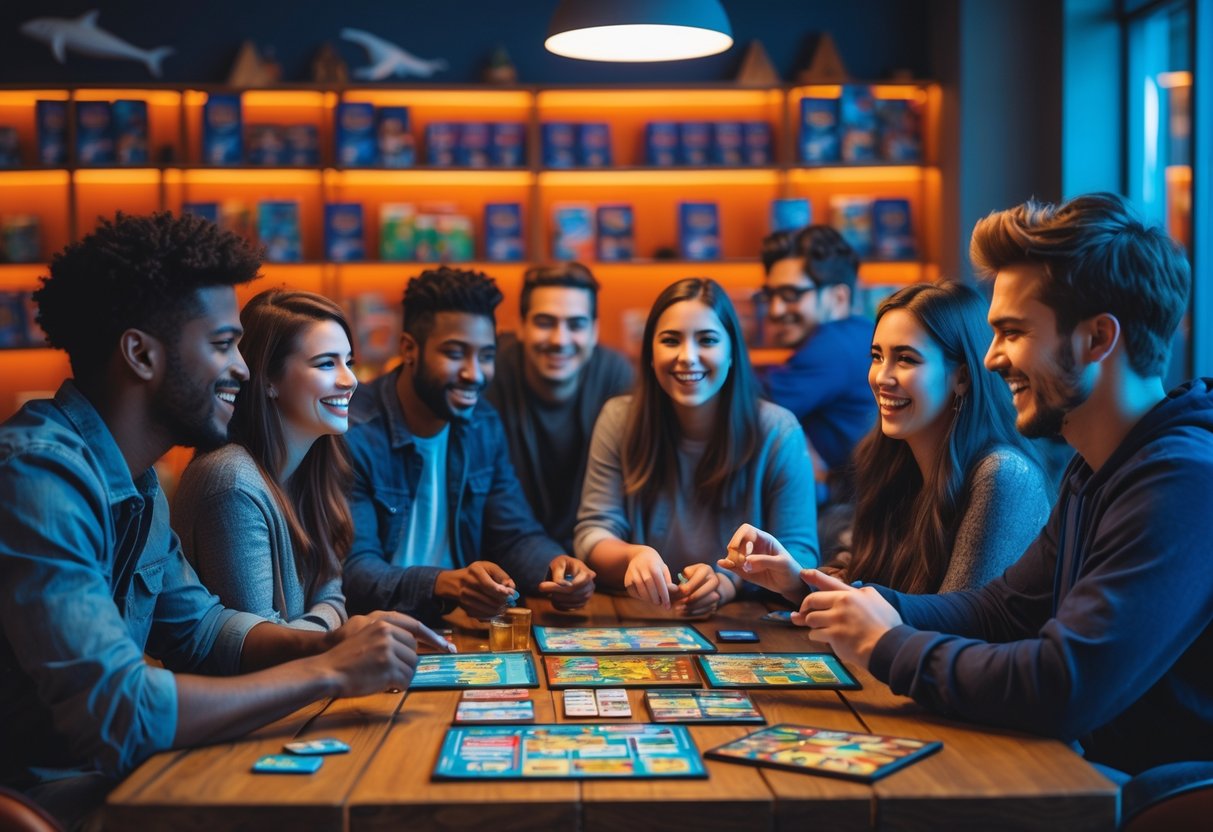 A group of young adults enjoying a board game night together around a table in a cozy gaming venue.