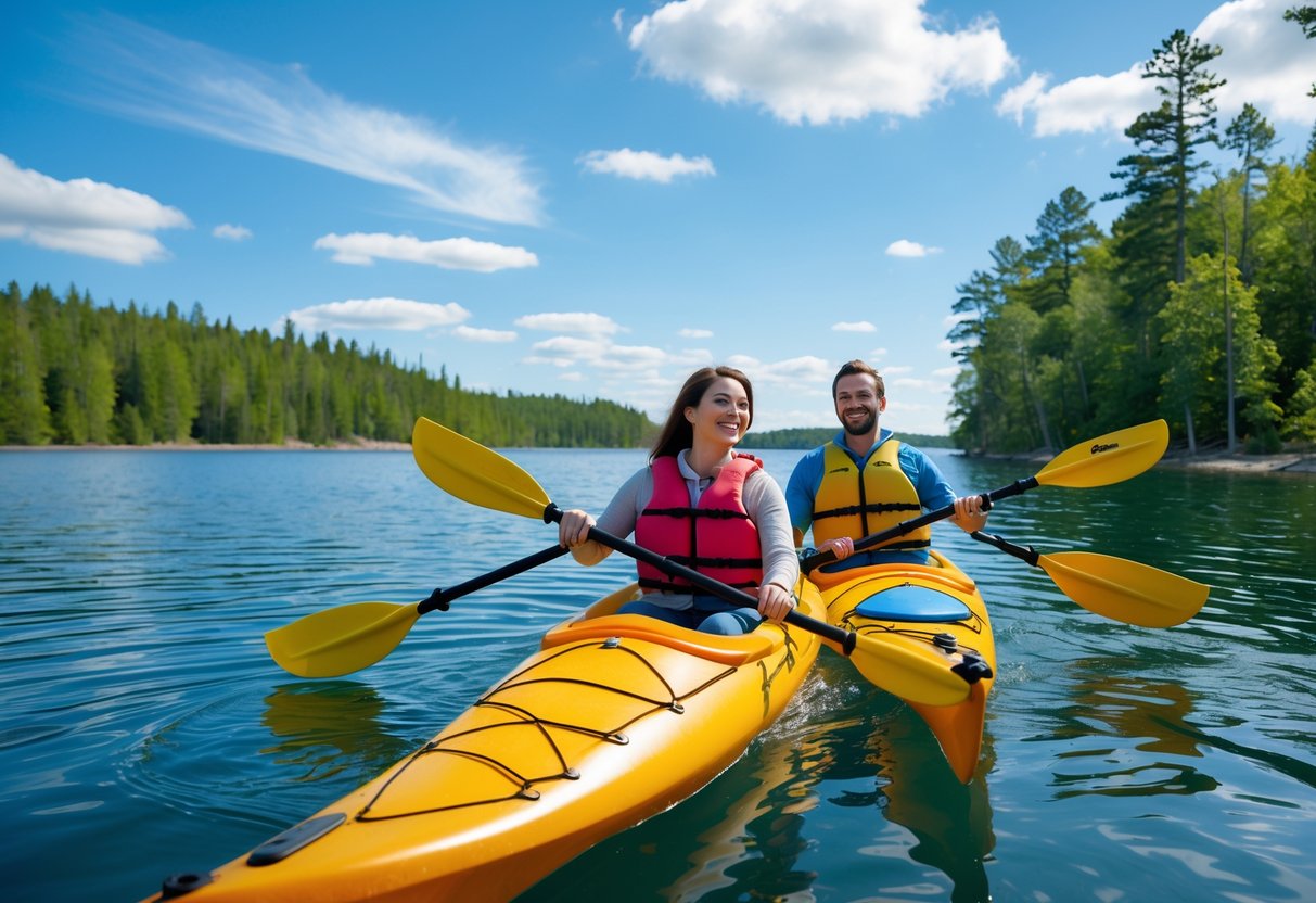 A couple kayaking on a calm lake surrounded by green forests in Michigan's Upper Peninsula.
